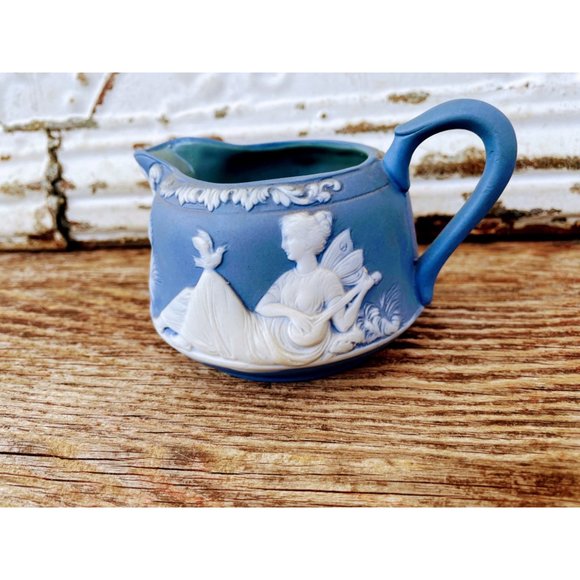Antique Schafer Vater blue Jasperware Creamer Pitcher With Fairy Nymph - Picture 2 of 8